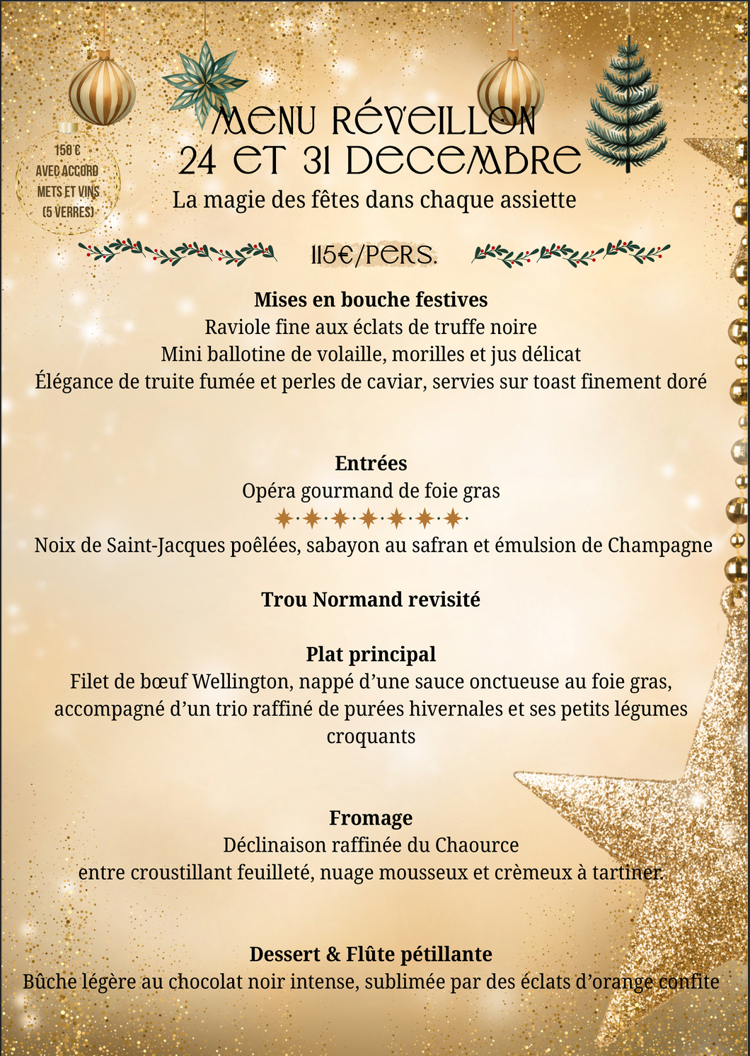 Menu du réveillon 24 et 31 décembre 2025 Auberge du Val Au Cesne - Croix marre